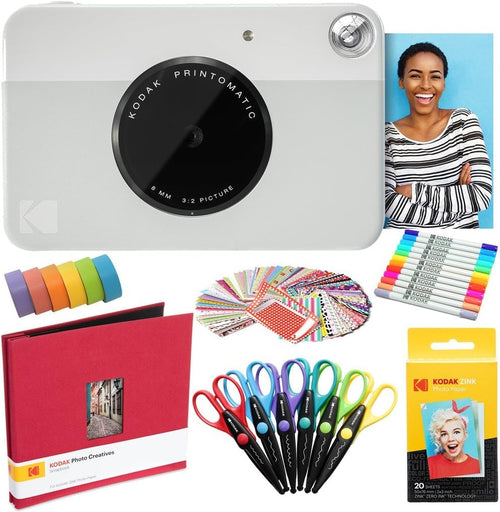 KODAK Printomatic Instant Camera (Grey) Art Bundle + Zink Paper (20 Sheets) + 8x8 Cloth Scrapbook + 12 Twin Tip Markers + 100 Border Stickers + 6 Decorative Scissors + Washi Tape (AMZRODOMATICK4GR)